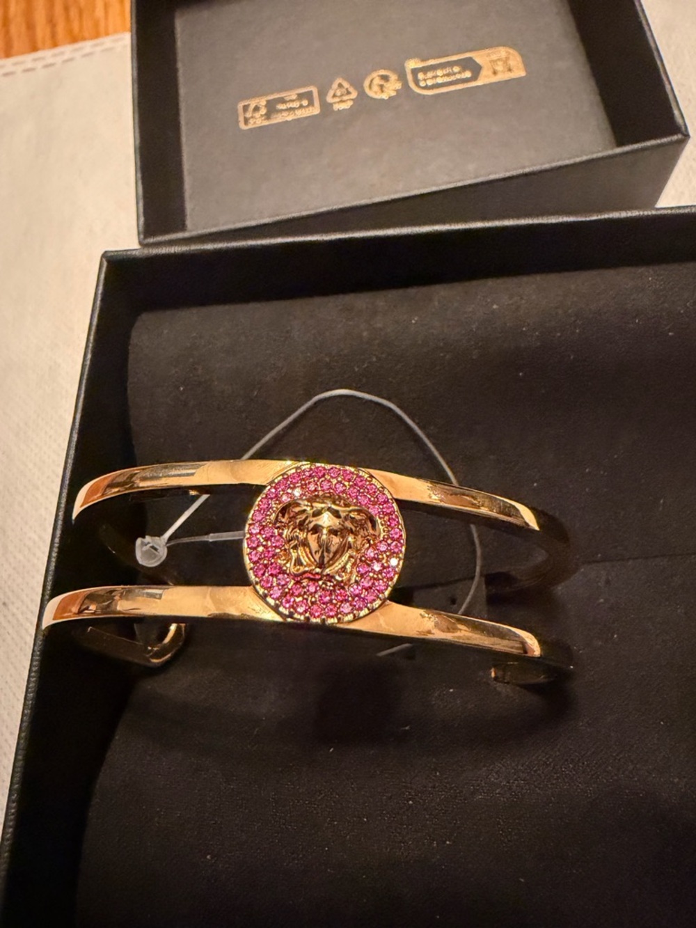 Versace Medusa Crystal Cuff Bracelet – Gold Tone with Pink Stones – Authentic
